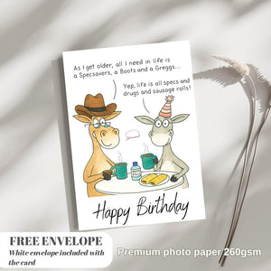Paperlink Funny Artistic 'Happy Birthday' Greetings Card - From The Funny Farm Range - For Him/For Her - 'Specs, Drugs and Sausage Rolls!'