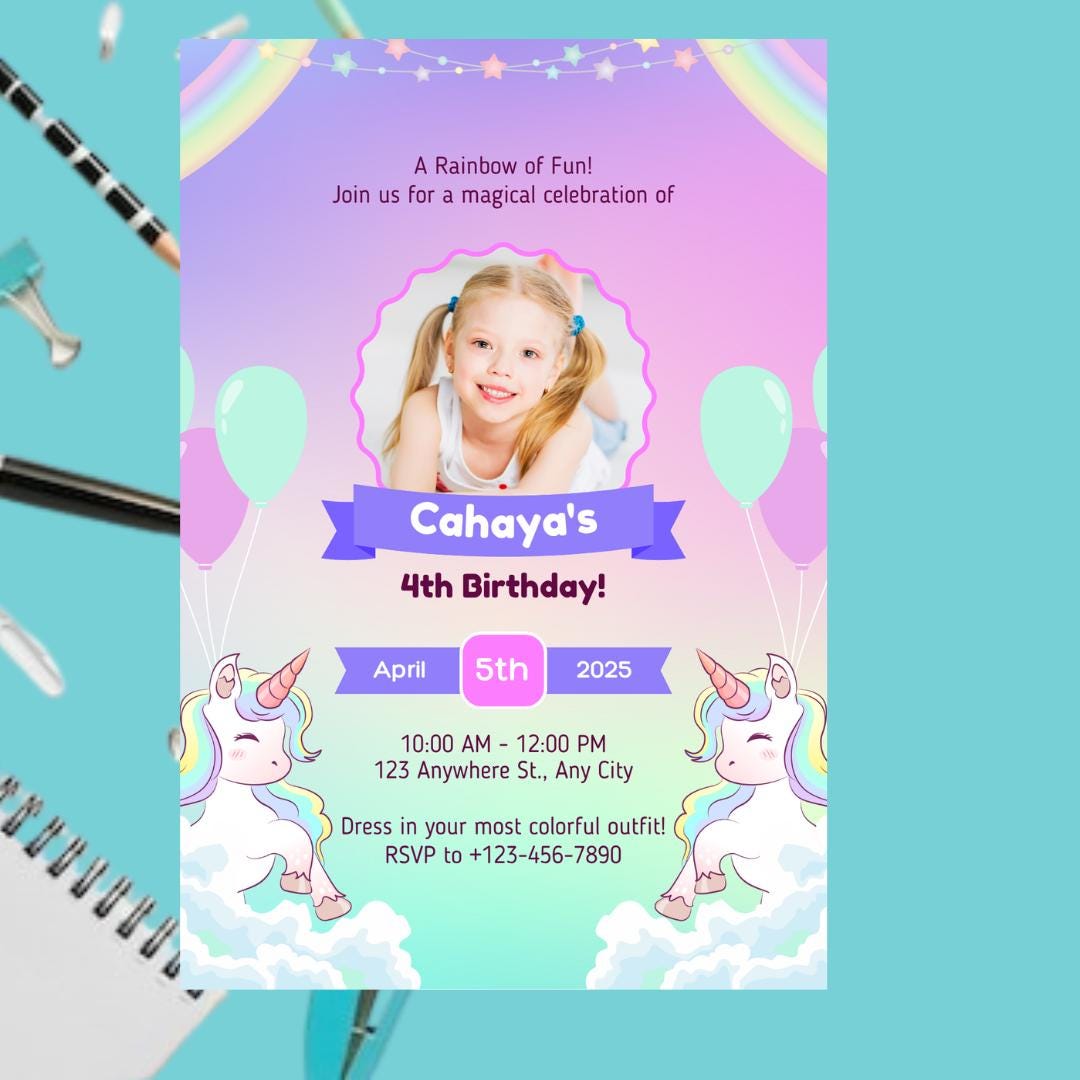 Unicorn birthday card invitation 5th, 7th, 6th, Personalised invitation for birthday party unicorn style invitation card with lovely Unicorn