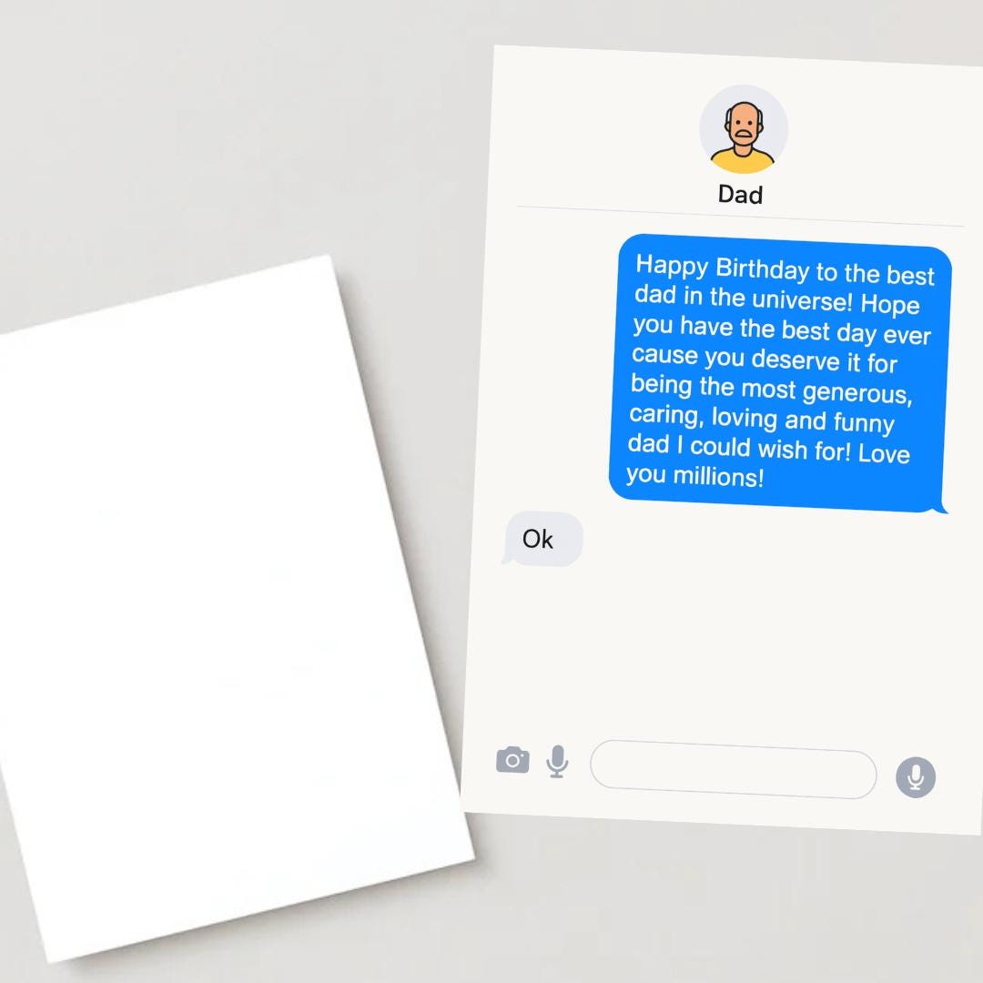 Dad birthday card Funny Dad Birthday Card – Sarcastic Dad Birthday Card A5 – Chat Message Card for Dad with Love Message & “OK” Reply