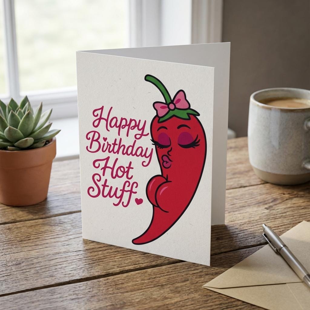 Funny Spicy Birthday Card – Sexy Chili Pepper Diva Illustration – Cute Flirty Printable Birthday Card for Partner, Husband, Wife, Boyfriend,