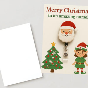 Christmas Greeting Card for Nurse – Santa, Nurse Elf & Medical Tree Design, A5 Funny Holiday Card, Merry Christmas to an Amazing Nurse