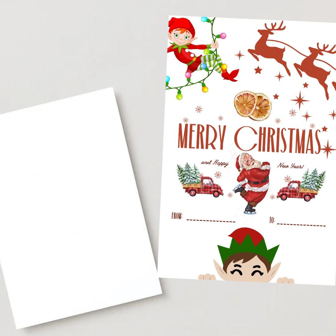 Personalised Christmas Card – Santa on Skates & Elf Lights | Funny Elegant A5 Holiday Card | Custom Name “From / To” Gift
