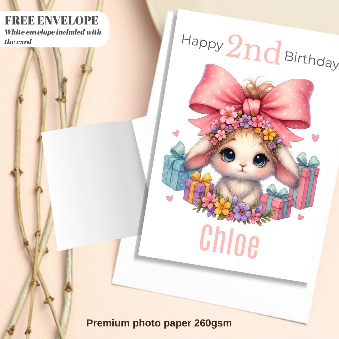 Happy 2nd Rabbit  Birthday Card | Personalised Baby Girl Greeting Card | Custom Number Card for your niece from grandma, aunt or loved one