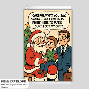 Funny Christmas Card | Funny Santa Cartoon | Kid with Lawyer Christmas Gift | Holiday Humor Print | Santa Claus Joke Poster
