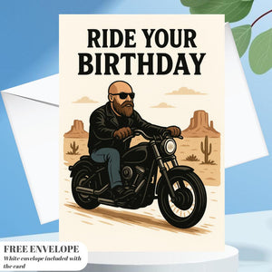 Ride Your Birthday Biker Card – Harley Rider Birthday Greeting Card, Funny Motorcycle Gift for Him, Bearded Biker Rocker Art Print