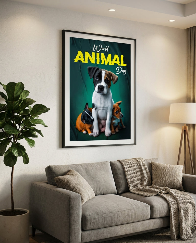 World Animal Day Dog Poster – Cute Puppy Wall Art Print, Pet Lover Gift, Framed Poster or Canvas, Modern Home Decor