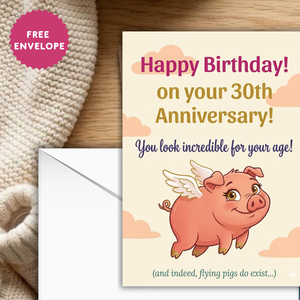 Birthday Card with Flying Pig, Humorous Greeting Card, Personalized Card for Friend, A5 Size Print, 30 Birthday Gift Idea for Her/Him