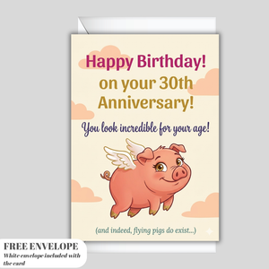 Birthday Card with Flying Pig, Humorous Greeting Card, Personalized Card for Friend, A5 Size Print, 30 Birthday Gift Idea for Her/Him