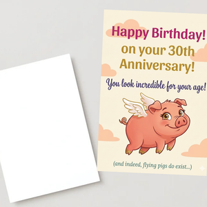 Birthday Card with Flying Pig, Humorous Greeting Card, Personalized Card for Friend, A5 Size Print, 30 Birthday Gift Idea for Her/Him