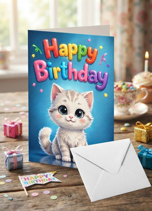 Cute Kitten Birthday Card for Her – Adorable Cat Greeting Card with White Envelope