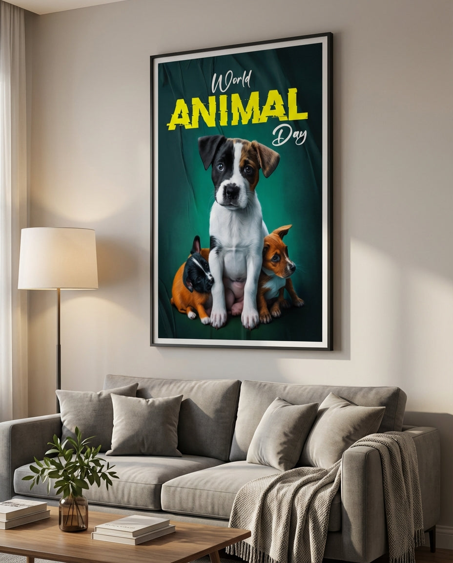 World Animal Day Dog Poster – Cute Puppy Wall Art Print, Pet Lover Gift, Framed Poster or Canvas, Modern Home Decor