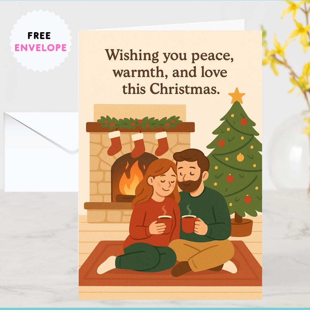 Cozy Christmas Couple Card – Wishing You Peace, Warmth & Love | Romantic Holiday Fireplace Scene | Warm Family Christmas Card