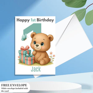 Teddy Bear 1st Birthday Card | Personalised Baby Boy Greeting Card | Custom Number Card for your nephew from grandpa, uncle or loved one