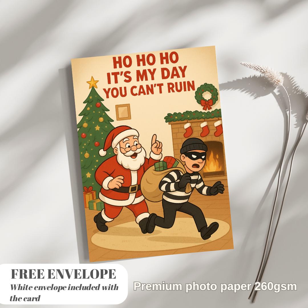 Funny Christmas Santa Card – Santa catches thief with Christmas gifts, funny Santa and thief greeting card