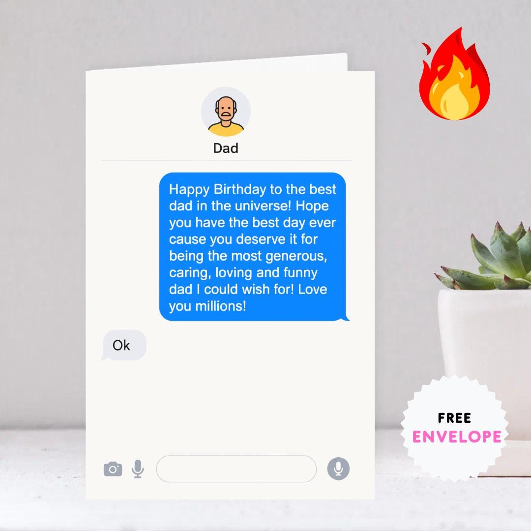 Dad birthday card Funny Dad Birthday Card – Sarcastic Dad Birthday Card A5 – Chat Message Card for Dad with Love Message & “OK” Reply