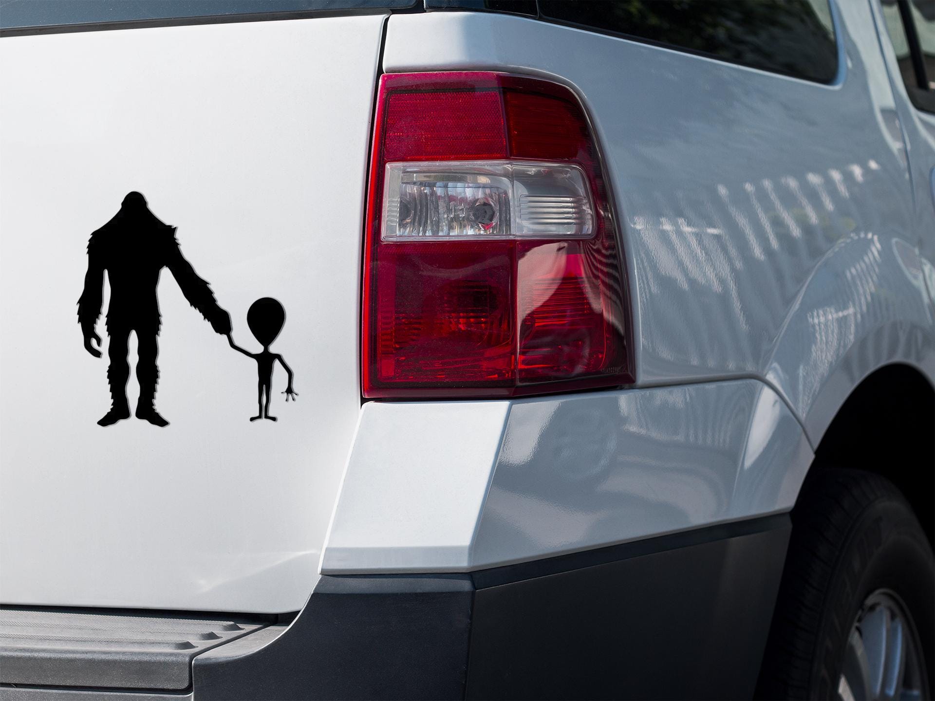 Bigfoot and Alien Car Decal: Funny Vinyl Sticker