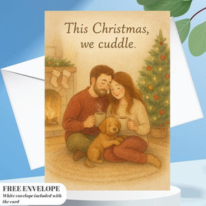 Cozy Couple Christmas Card with Dog – “This Christmas, We Cuddle” | Warm Fireplace Holiday Illustration for Couples & Pet Lovers