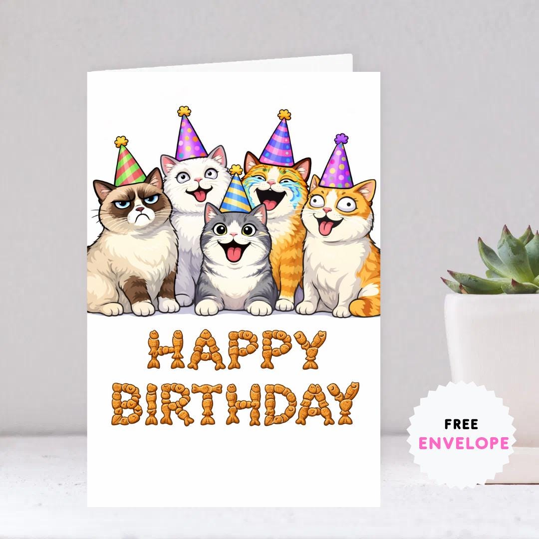 Cat Birthday Funny Greeting Card, Meme Cats Party Card, Cat Lover Birthday Card, Cute Pet Birthday Card