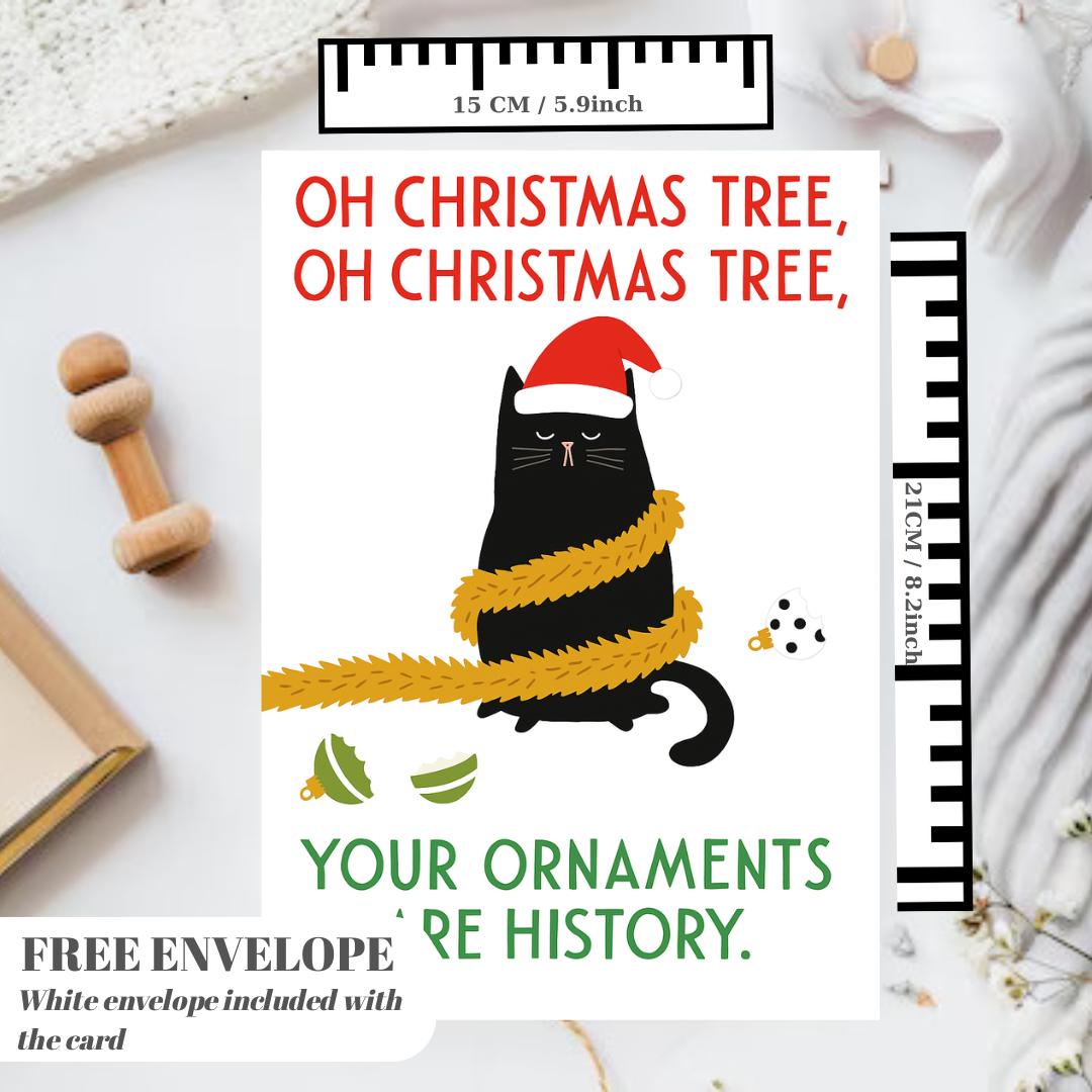 Funny Cat Christmas Card - Ornaments Christmas Cat - Funny Xmas Cards For Cat Lovers - Cat destroyed ornaments, cat mums Funny postcard