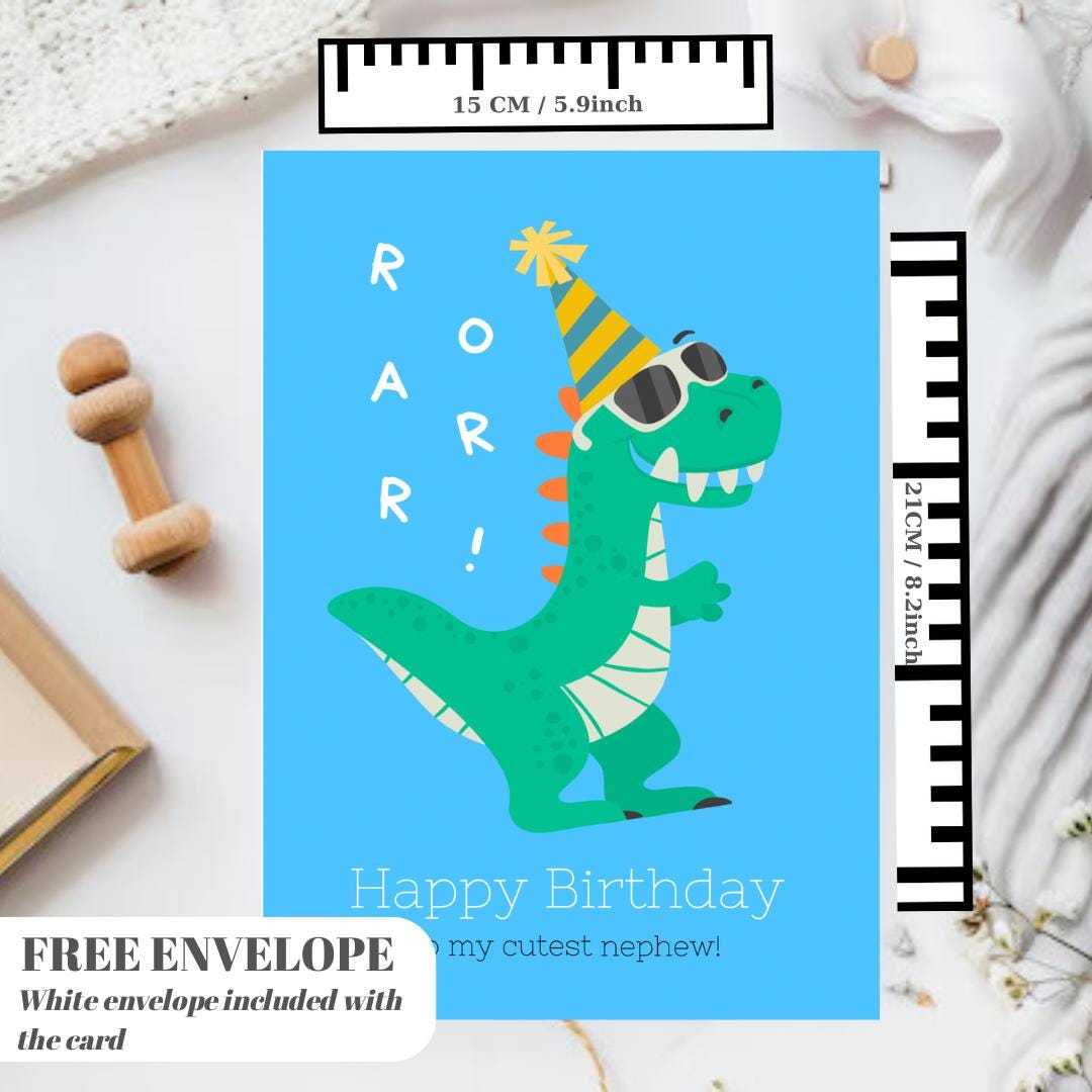 Dinosaur ROAR Birthday Card with Envelope Greeting Happy Birthday For NEPHEW, som, friend a5 birthday card with envelope