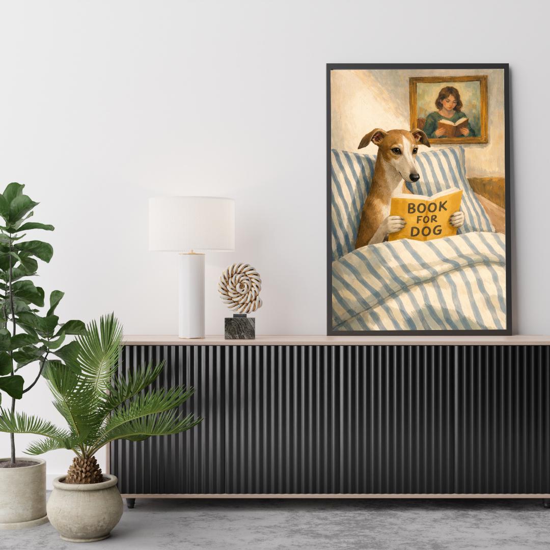 Greyhound Reading Print – Dog Wall Art, Cozy Bedroom Poster, Book Lover Dog Illustration