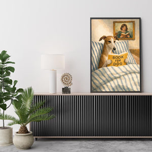 Greyhound Reading Print – Dog Wall Art, Cozy Bedroom Poster, Book Lover Dog Illustration