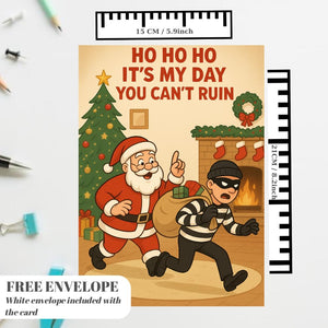 Funny Christmas Santa Card – Santa catches thief with Christmas gifts, funny Santa and thief greeting card