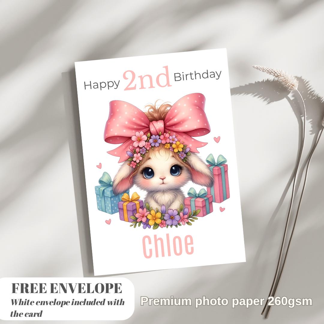 Happy 2nd Rabbit  Birthday Card | Personalised Baby Girl Greeting Card | Custom Number Card for your niece from grandma, aunt or loved one