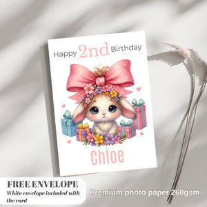 Happy 2nd Rabbit  Birthday Card | Personalised Baby Girl Greeting Card | Custom Number Card for your niece from grandma, aunt or loved one