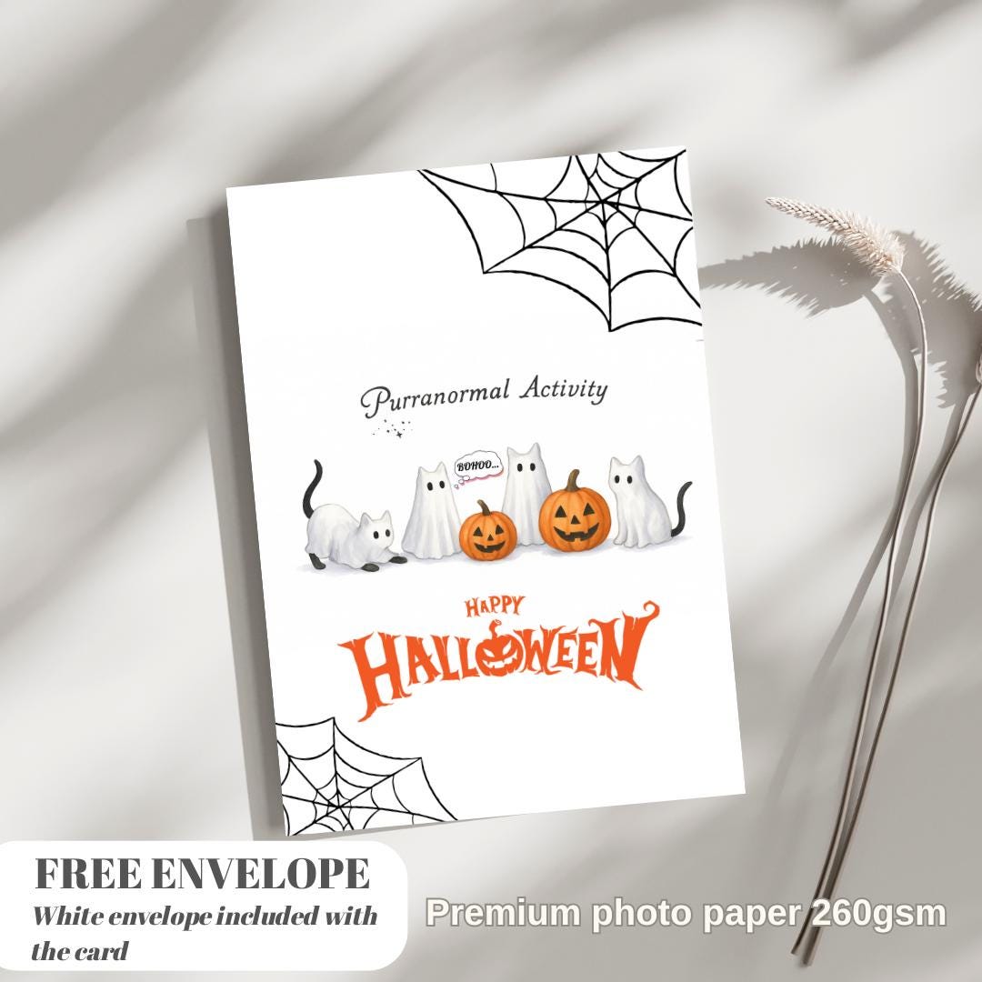 Ghost Cats Halloween Greeting Card | Funny Cat Halloween Card | Spooky Watercolor Cat Card | Cute Purranormal Activity Card