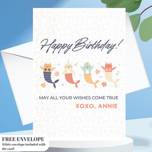 Personalised Cat Sirene Birthday Card, Birthday Cards, Cats Birthday Cards, Party Cats Cards, Birthday card  cute cat card
