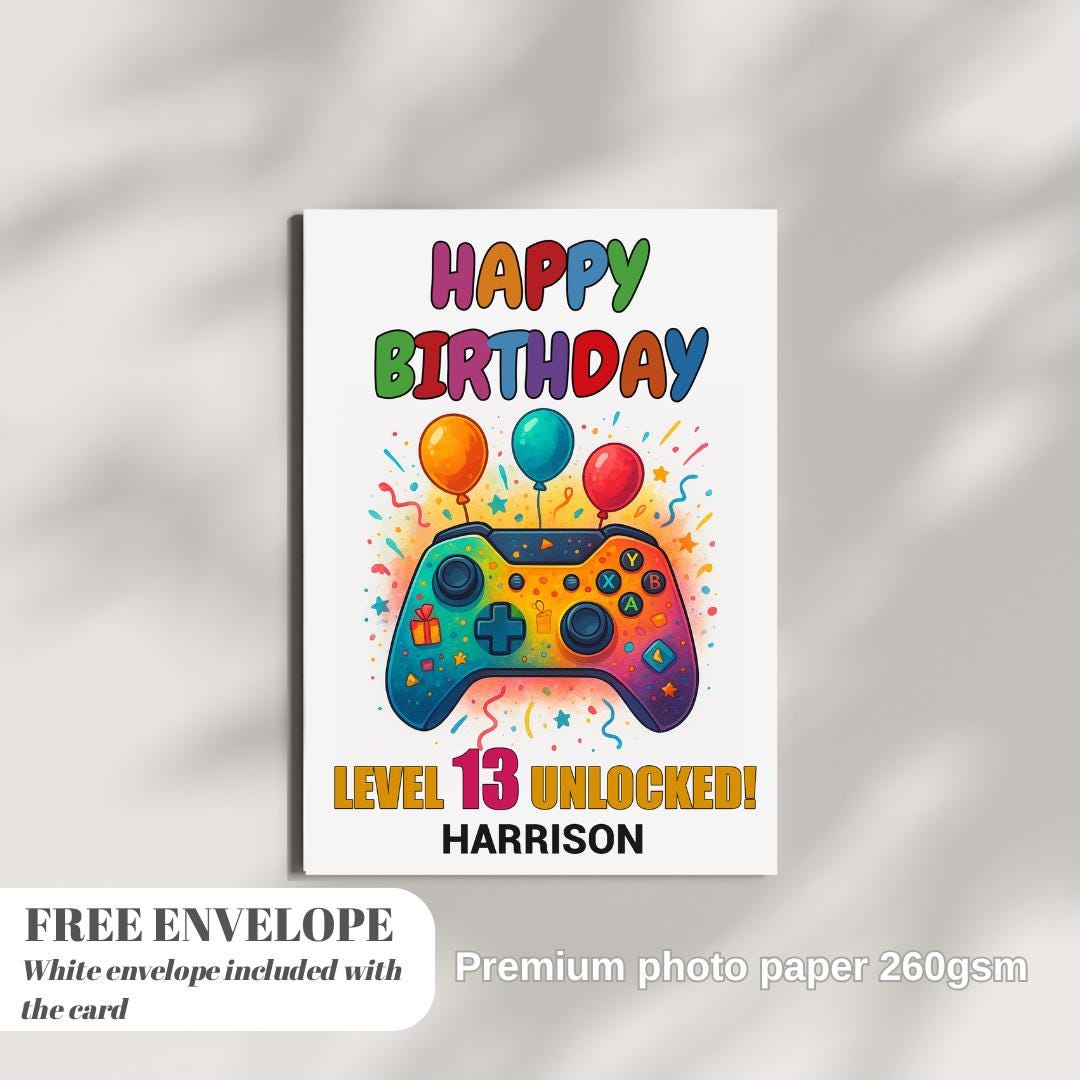 Personalised gamer birthday card | boy girl greeting card | gaming all ages | video game player gift | level up control pad