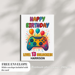 Personalised gamer birthday card | boy girl greeting card | gaming all ages | video game player gift | level up control pad