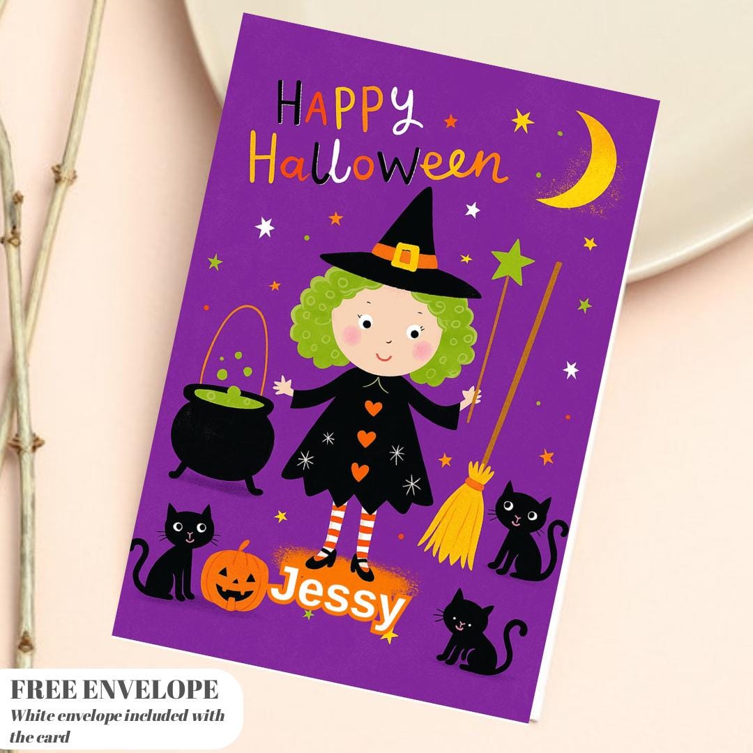 Personalised Halloween Card - Little Witch - Cheeky Gift For Cat Lovers - For Sister Brother Friends
