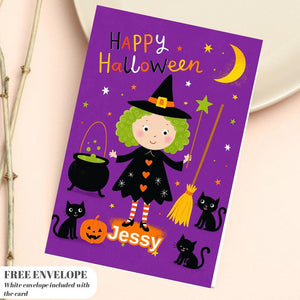 Personalised Halloween Card - Little Witch - Cheeky Gift For Cat Lovers - For Sister Brother Friends
