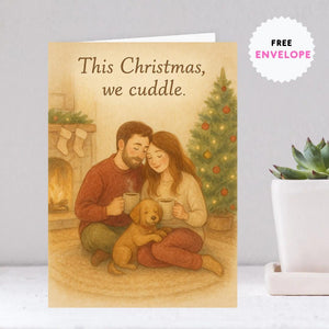 Cozy Couple Christmas Card with Dog – “This Christmas, We Cuddle” | Warm Fireplace Holiday Illustration for Couples & Pet Lovers
