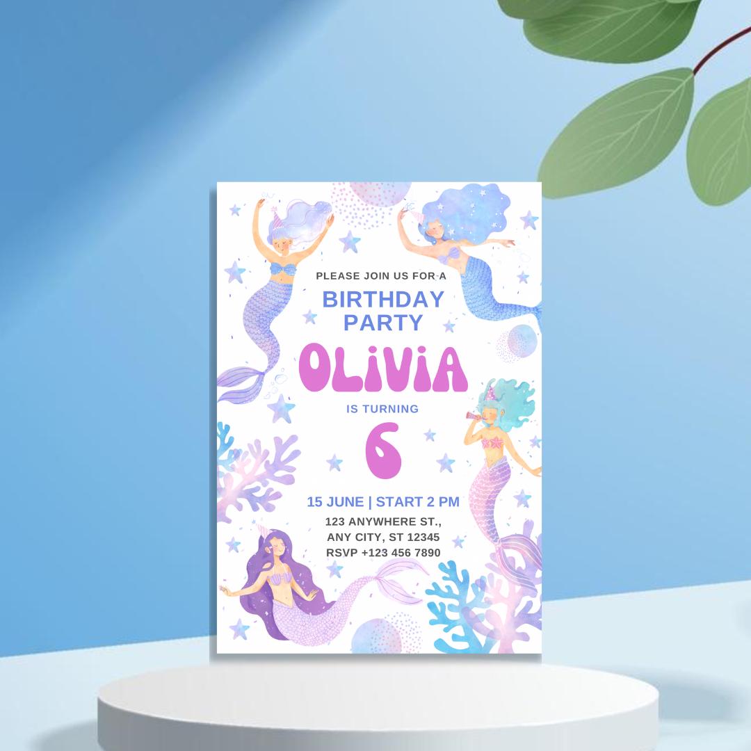 Siren Birthday Invitation, Invite card  Birthday,  Birthday Girl, Siren Birthday Party Invite pack of 10/20/30 invitations card
