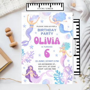 Siren Birthday Invitation, Invite card  Birthday,  Birthday Girl, Siren Birthday Party Invite pack of 10/20/30 invitations card