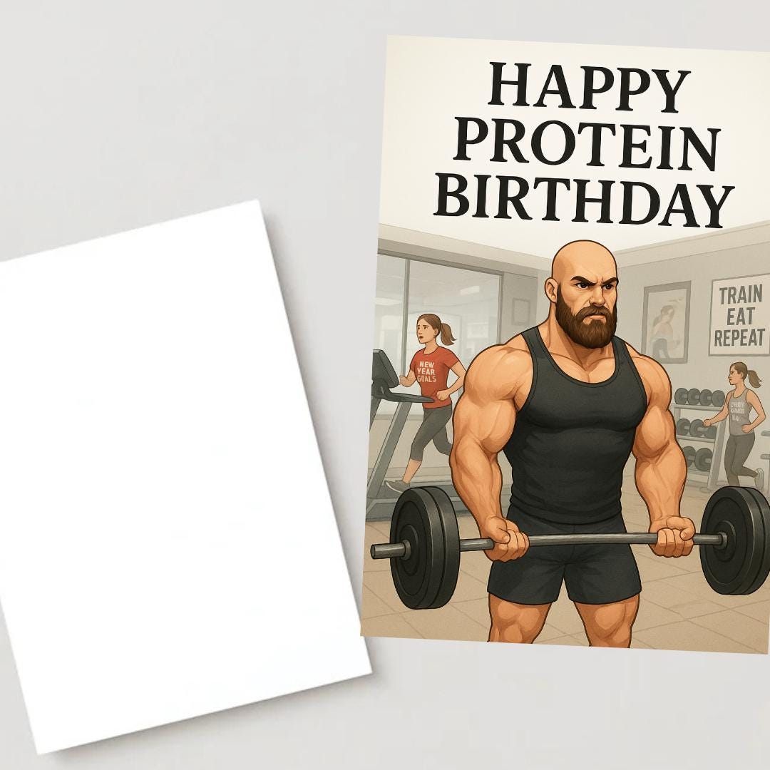 Happy Protein Birthday Gym Card – Funny Fitness Greeting Card for Him, Bodybuilder Birthday Card, Gym Lover Gift, Workout Motivation