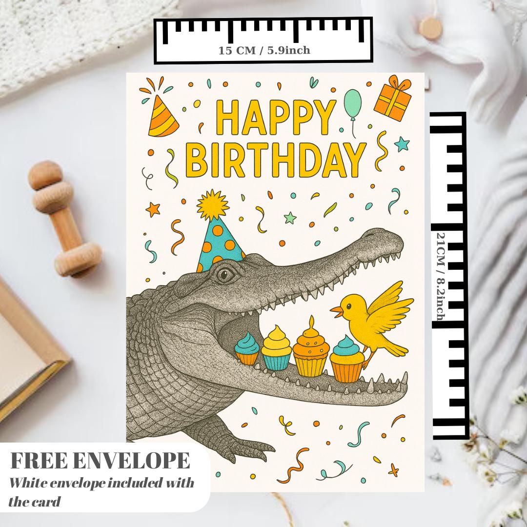 Crocodile Cake Birthday card animal birthday card wildlife art card hand drawn animal art cute Crocodile Cake bird eat cake card