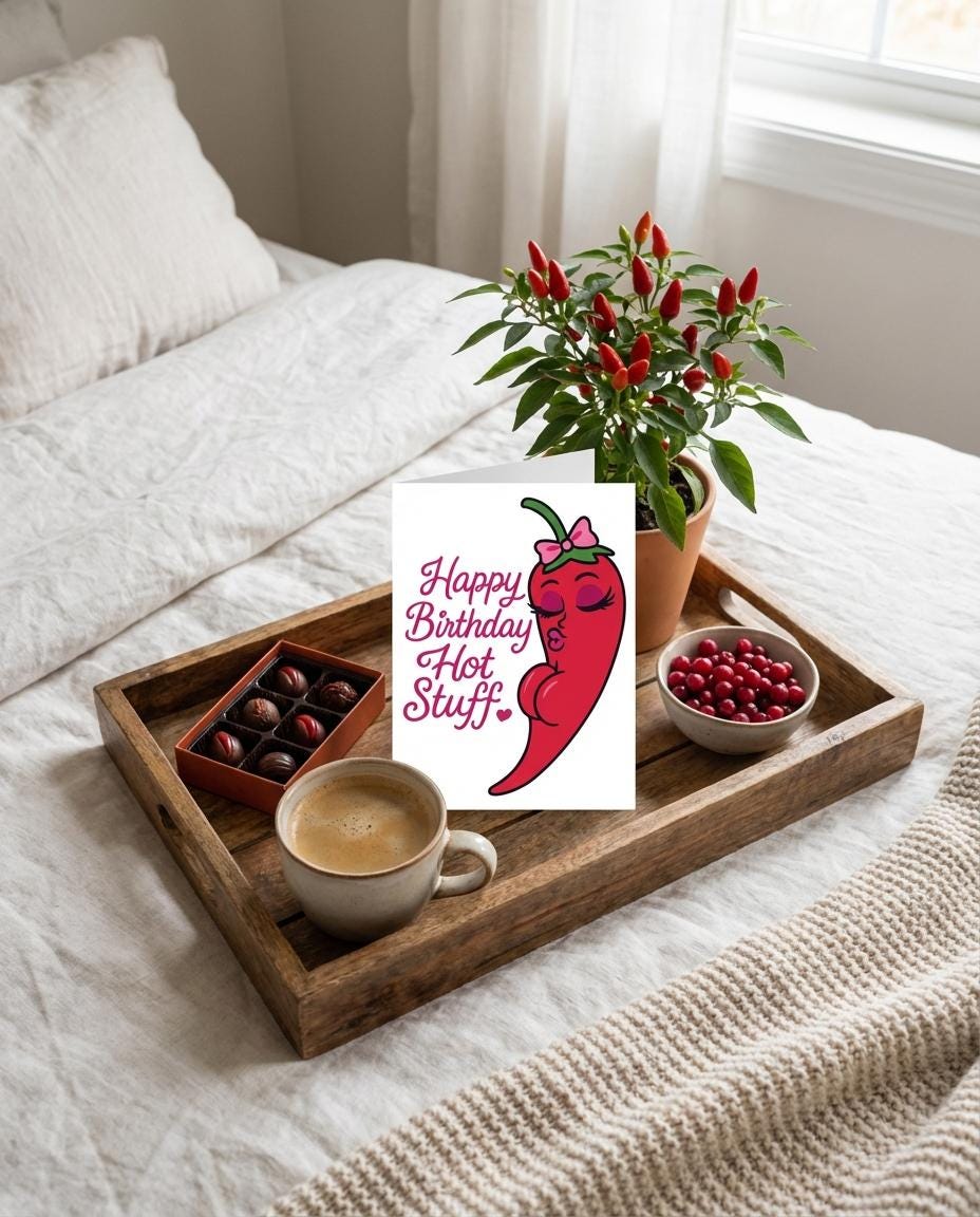 Funny Spicy Birthday Card – Sexy Chili Pepper Diva Illustration – Cute Flirty Printable Birthday Card for Partner, Husband, Wife, Boyfriend,