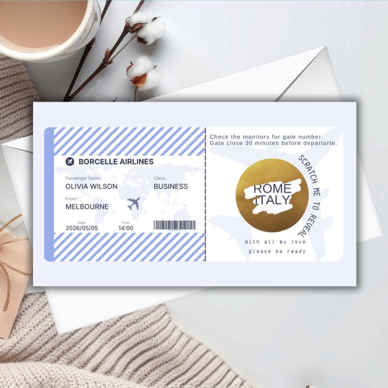 Custom  Boarding Pass Holiday Scratch Card – Personalised Plane Ticket Birthday Surprise Unique Gift for Travel Lovers or Honey Moon