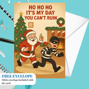 Funny Christmas Santa Card – Santa catches thief with Christmas gifts, funny Santa and thief greeting card