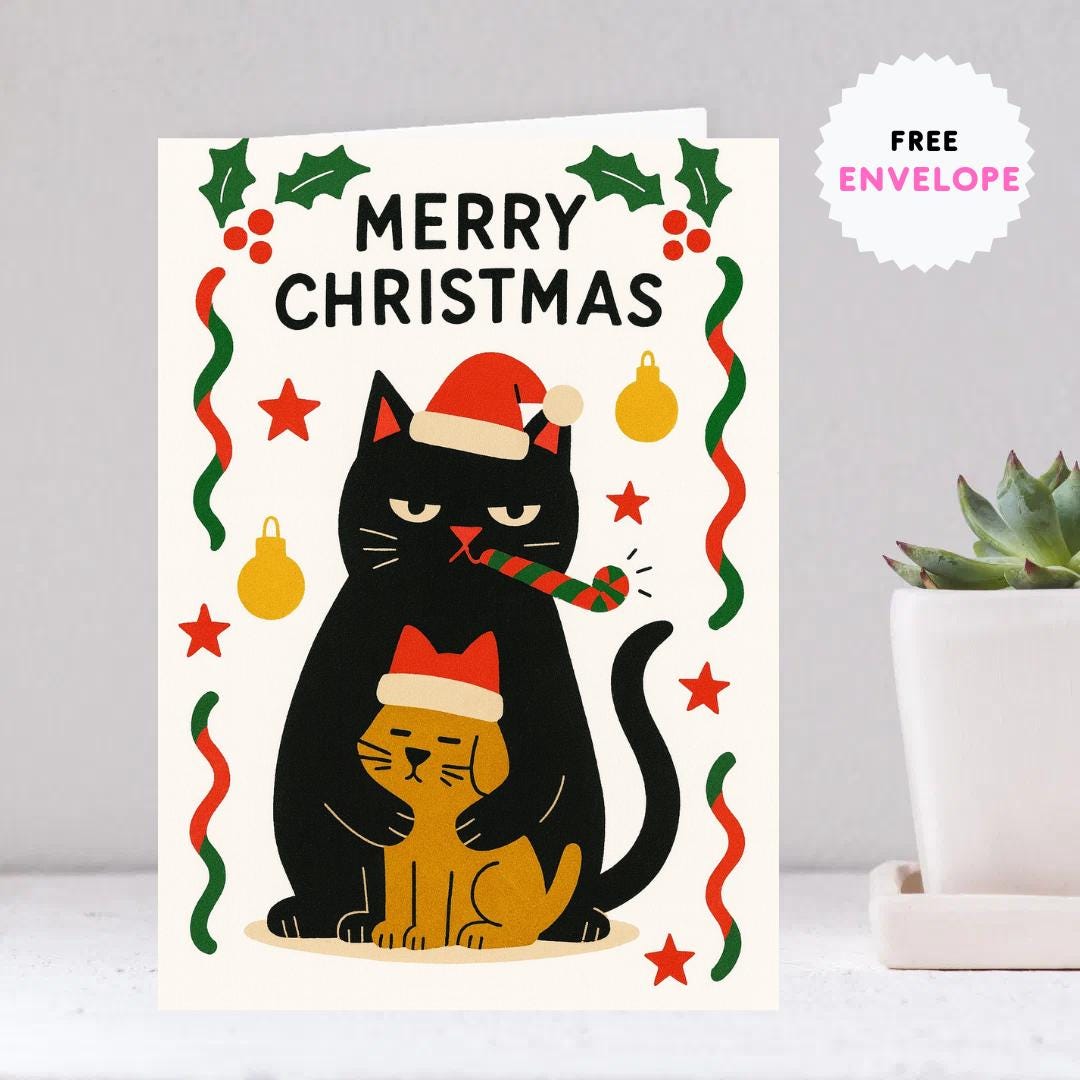 Funny Cat dog Christmas Card - dog Christmas Cat - Funny Xmas Cards For Cat Lovers - Cat cuddle dog ornaments, cat mums Funny postcard