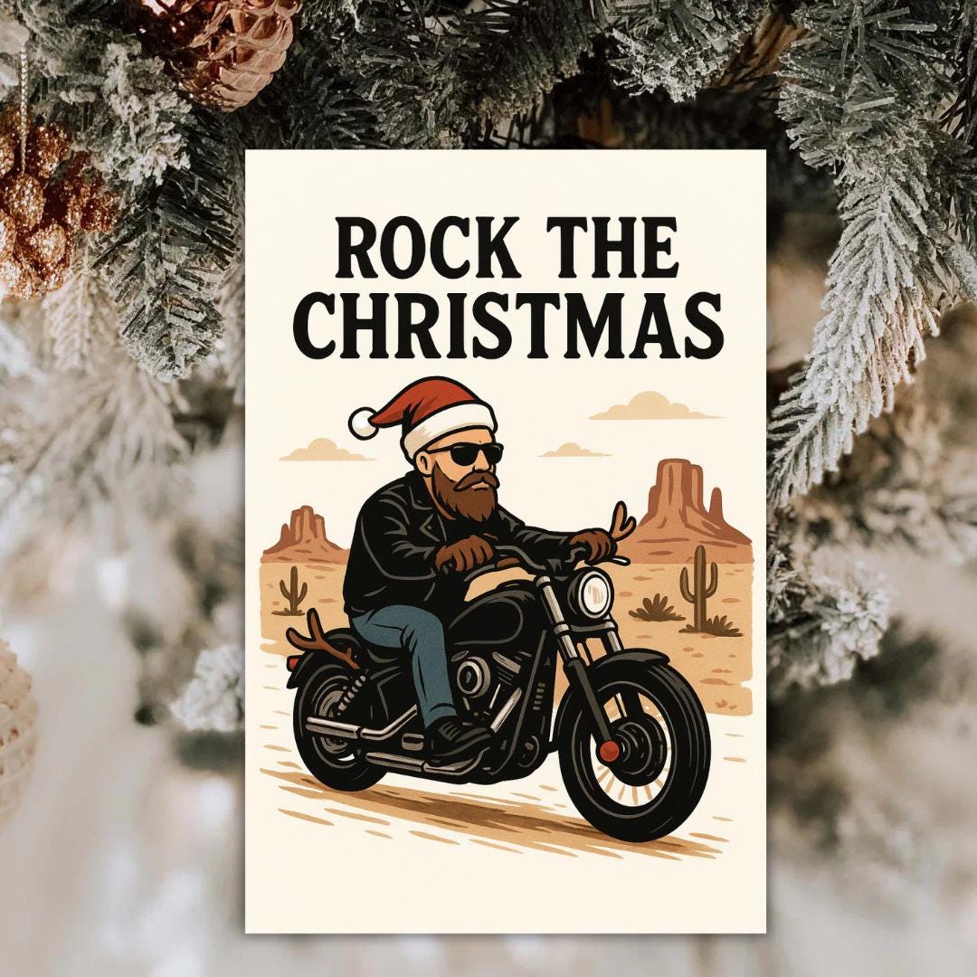 Rock the Christmas Biker Greeting Card – Santa Biker on Harley, Funny Motorcycle Christmas Card for Him, Bearded Rider Xmas Gift