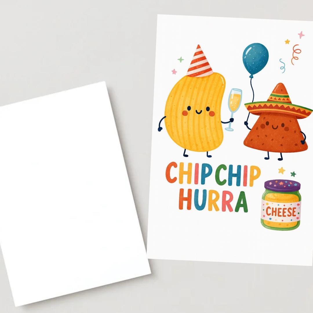 Funny Birthday Card • Chip Chip Hurra • Cute Chips Greeting Card • Pun Birthday Card • Humorous Birthday Gift • Cheese Dip Party Card