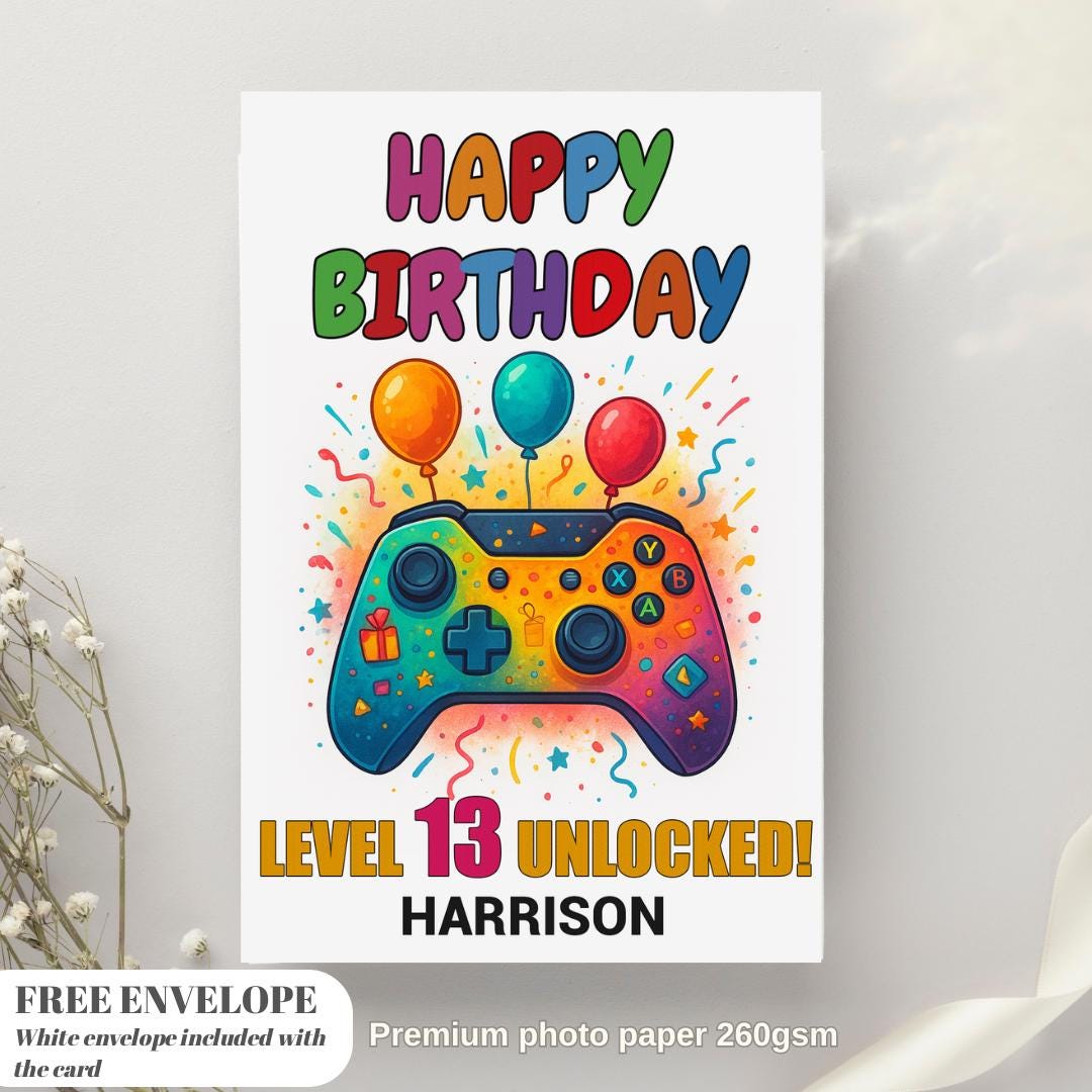 Personalised gamer birthday card | boy girl greeting card | gaming all ages | video game player gift | level up control pad