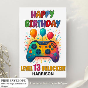 Personalised gamer birthday card | boy girl greeting card | gaming all ages | video game player gift | level up control pad