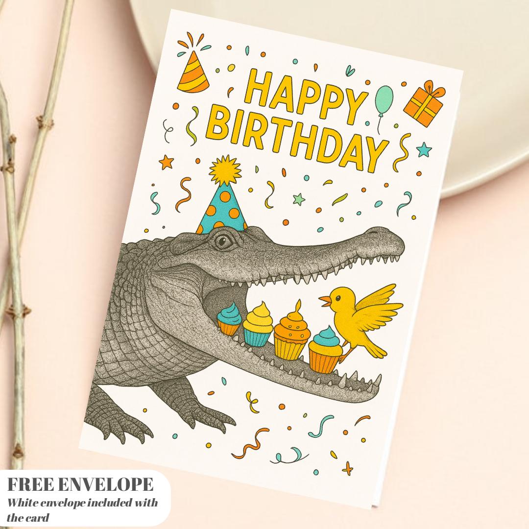 Crocodile Cake Birthday card animal birthday card wildlife art card hand drawn animal art cute Crocodile Cake bird eat cake card
