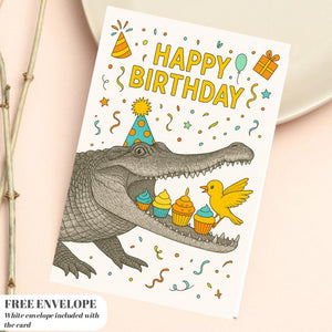 Crocodile Cake Birthday card animal birthday card wildlife art card hand drawn animal art cute Crocodile Cake bird eat cake card